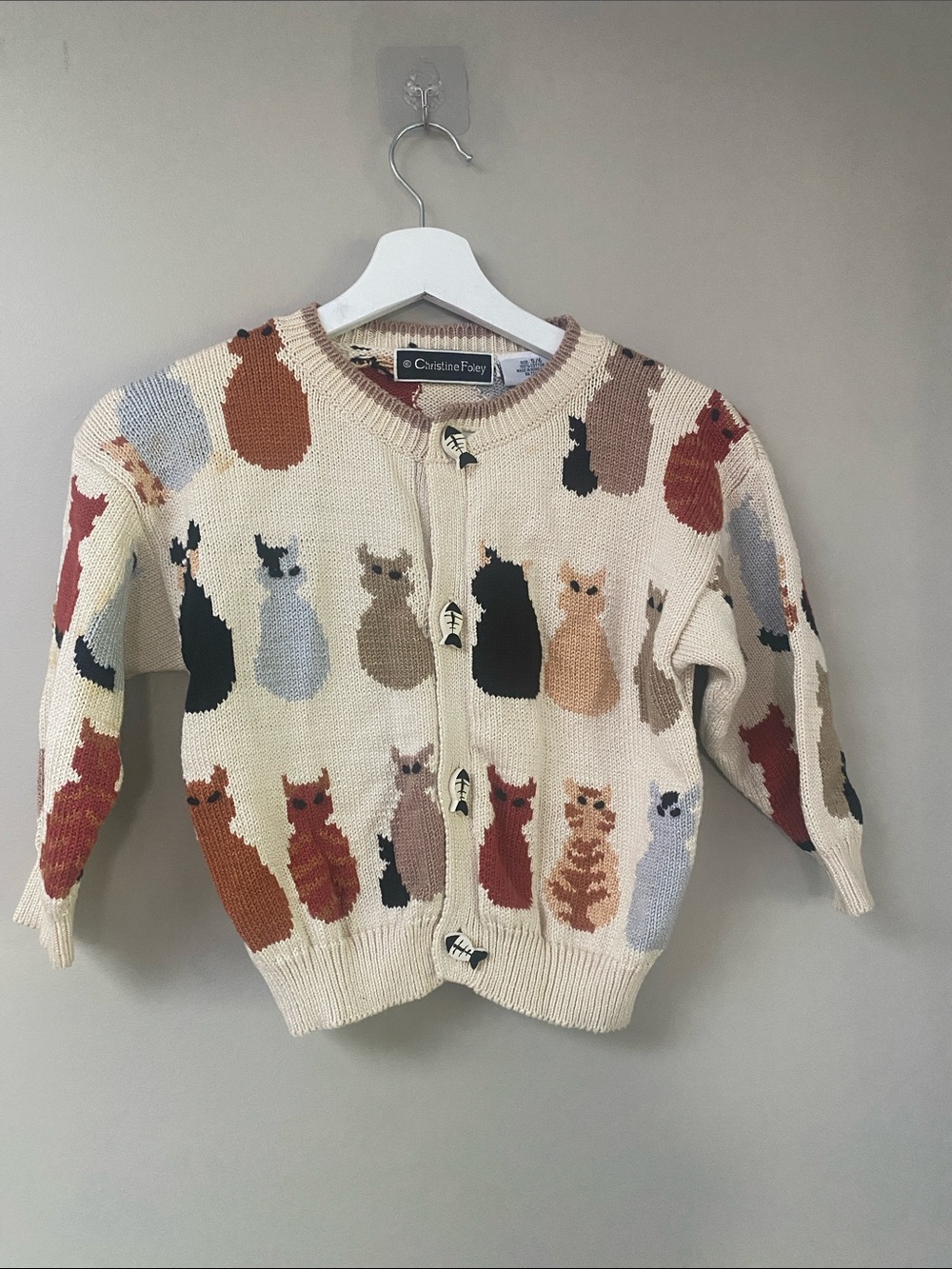 Vintage Christine Foley Cat print knit Cardigan fish buttons size 5/6